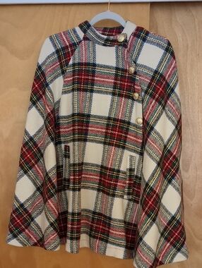 Cream Plaid Button-Front Cape Coat